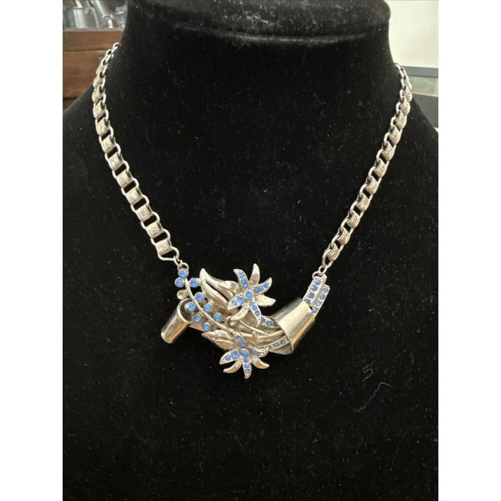 VTG 1960s Statement Flower Necklace Blue Rhinestone Silver Bold Retro MCM 16” - Picture 2 of 6